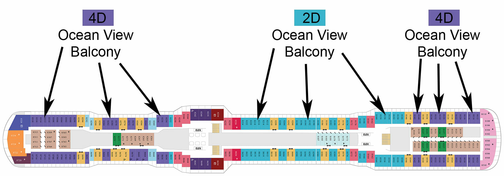 Deck plan showing 2D balcony rooms mid-ship and 4D rooms towards the front and back