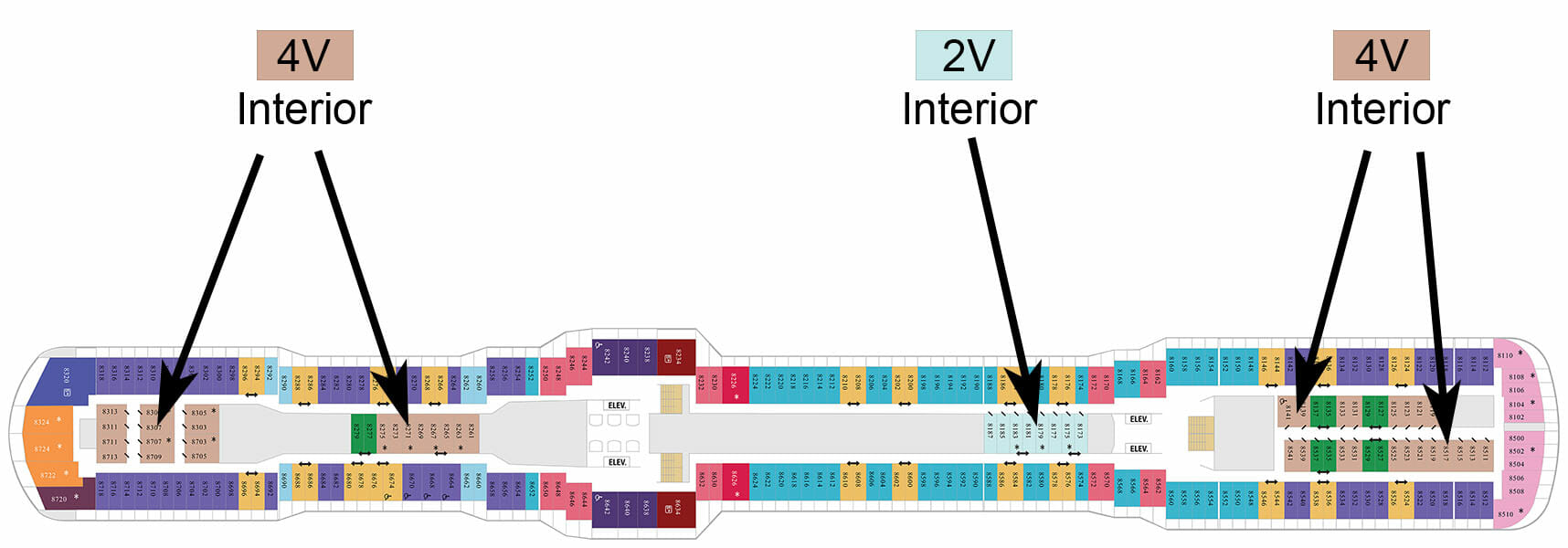 Deck plan showing 2V interior rooms mid-ship and 4V rooms towards the front and back